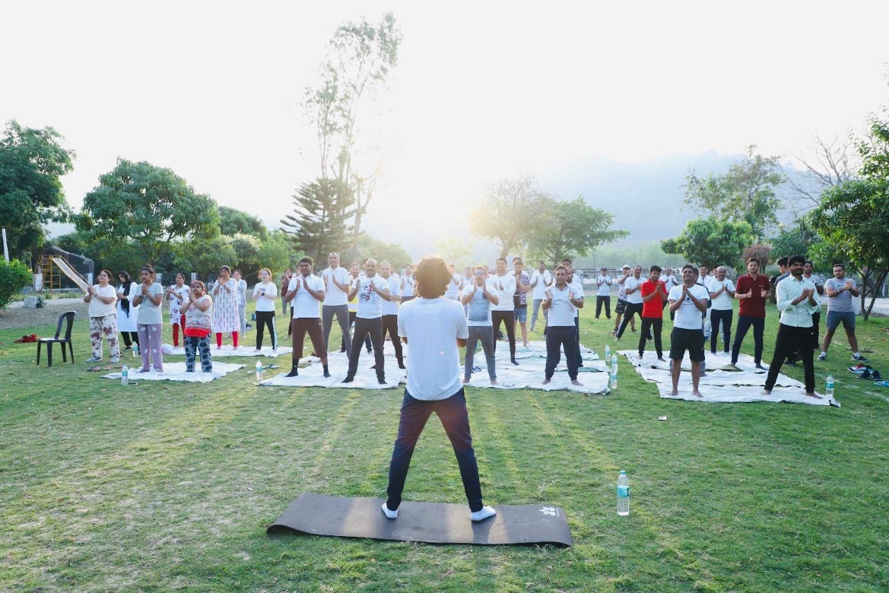 Outdoor group yoga session at sunrise